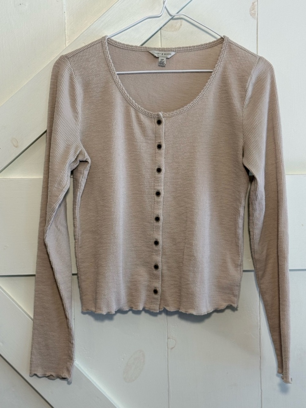 Lucky Brand Small Beige Waffle Knit Henley Long Sleeve Ribbed Top